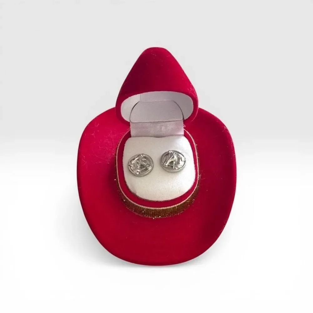 Western Horse Earrings Sterling Silver Plated in Red Velour Cowboy Hat Box NWOT